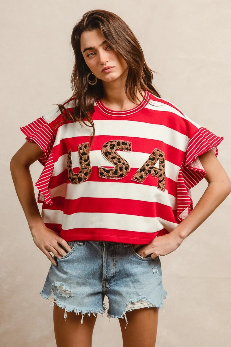 bibi stripe mixed ruffle sleeve top with leopard letter shown as women’s outerwear