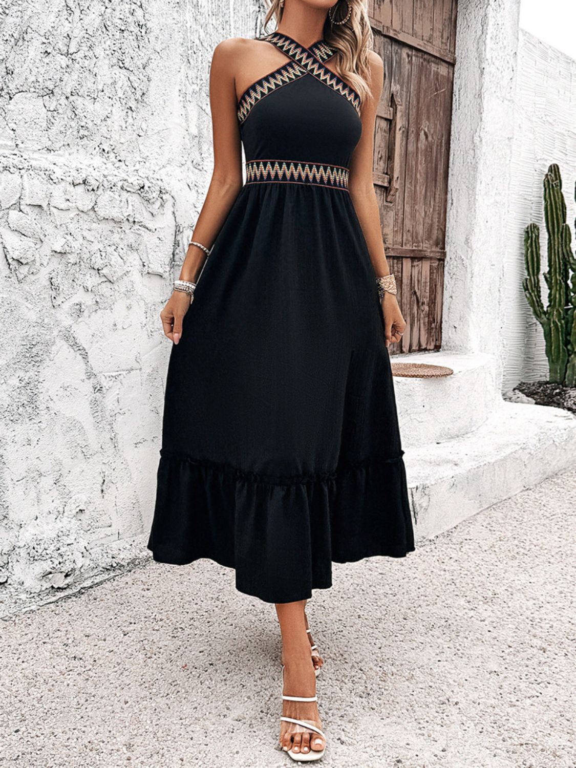 Devine Ruffled Slit Sleeveless Midi Dress