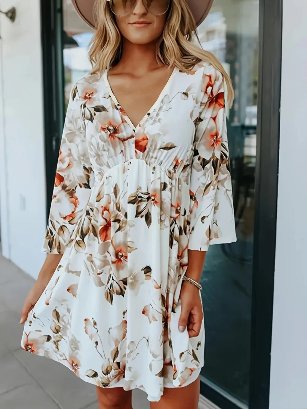 Floral V-Neck Three-Quarter Sleeve Mini Dress Floral