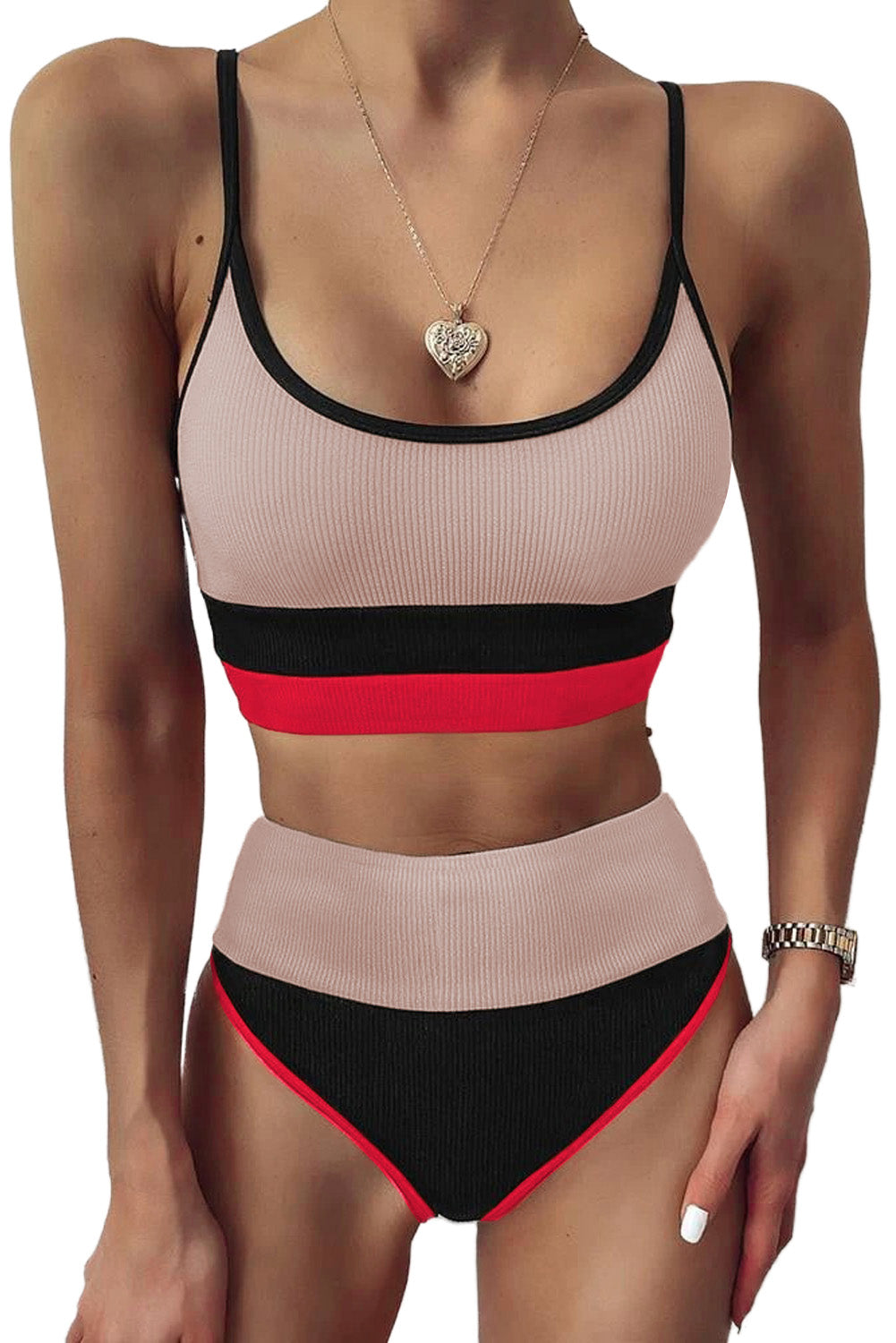 Color Block Spaghetti Strap Two-Piece Swim Set Dust Storm