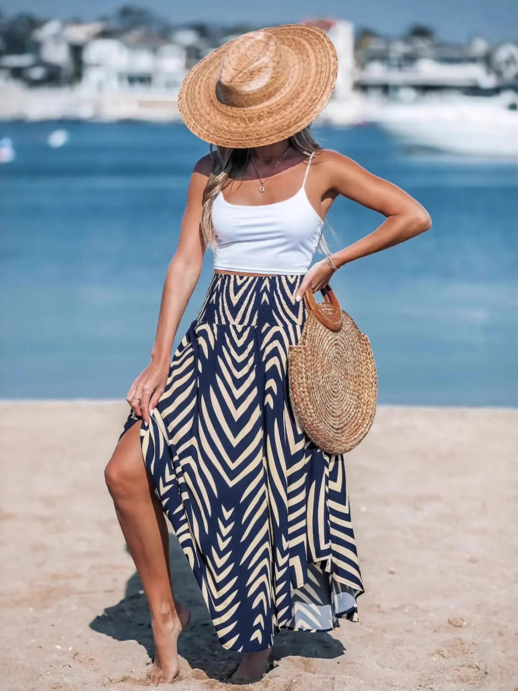 Printed High Waist Maxi Skirt Navy