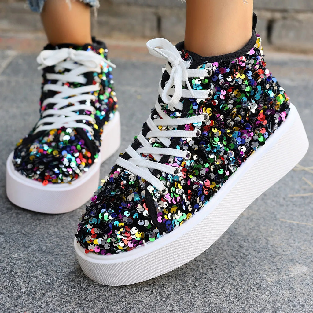 women's sequin round toe platform sneakers - back view