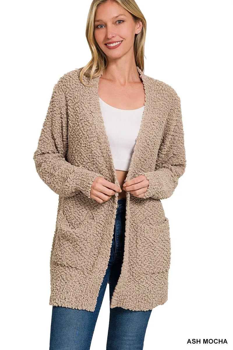 zenana long sleeve popcorn sweater cardigan with pockets - soft everyday layer shown as women’s card