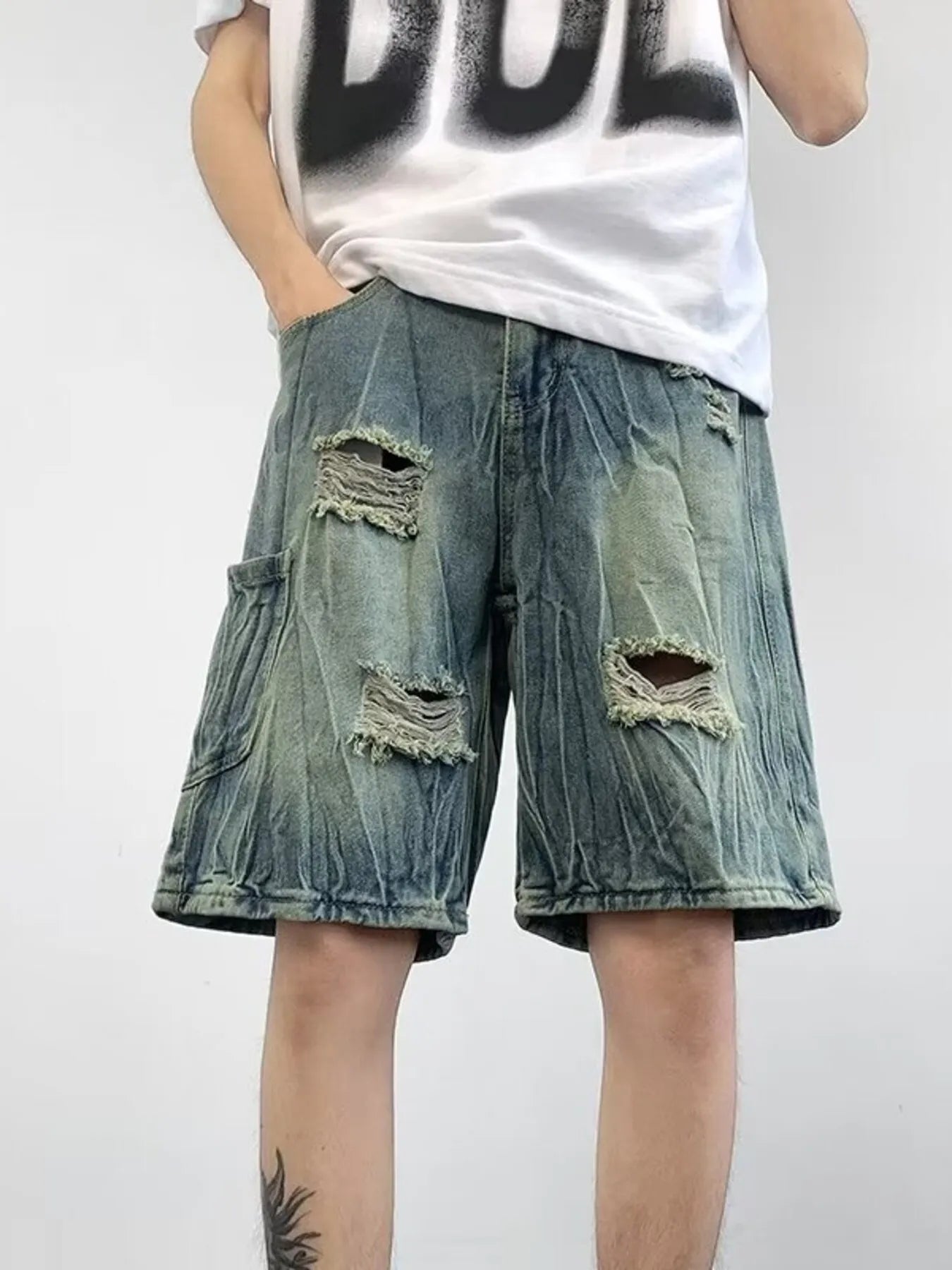 men's men's plus size distressed wide leg denim shorts - front view