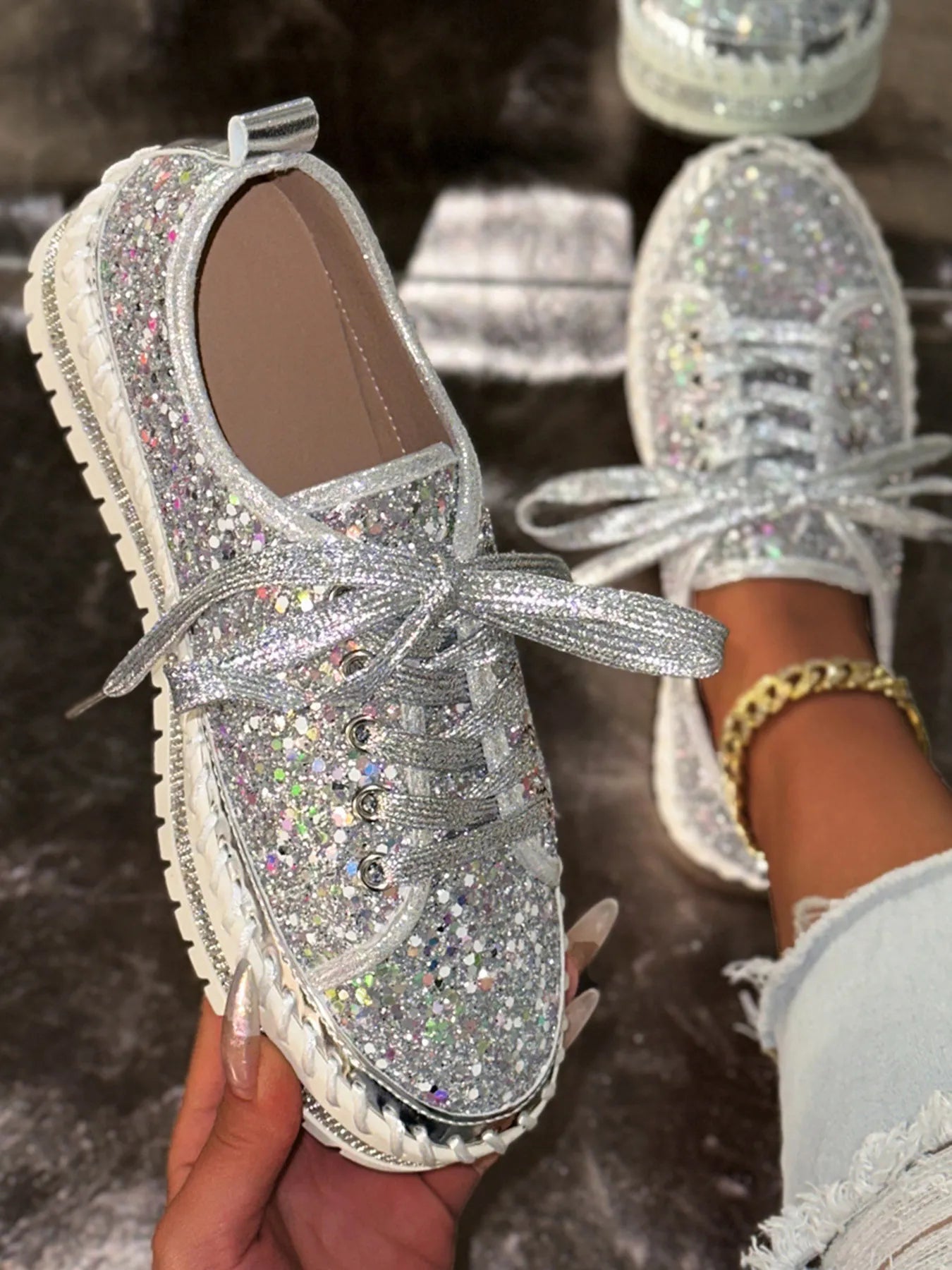 women's lace up round toe platform sneakers - extra view