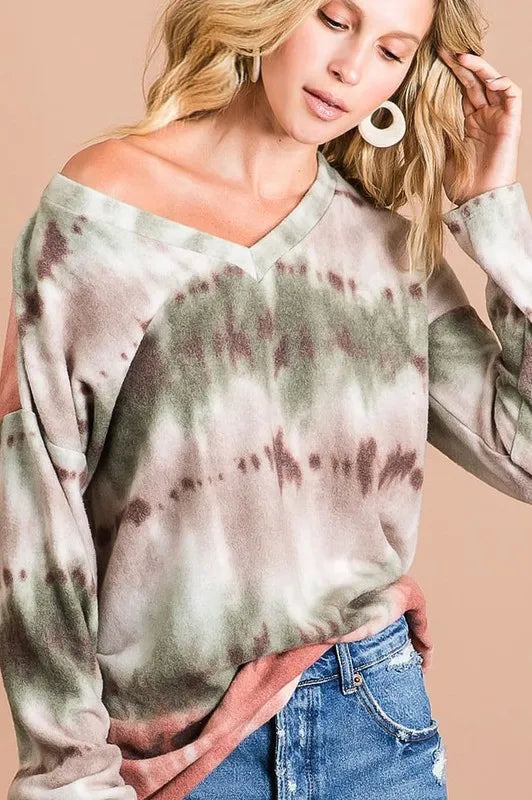 women's bibi brushed tie dye looking print v neck top - styled view