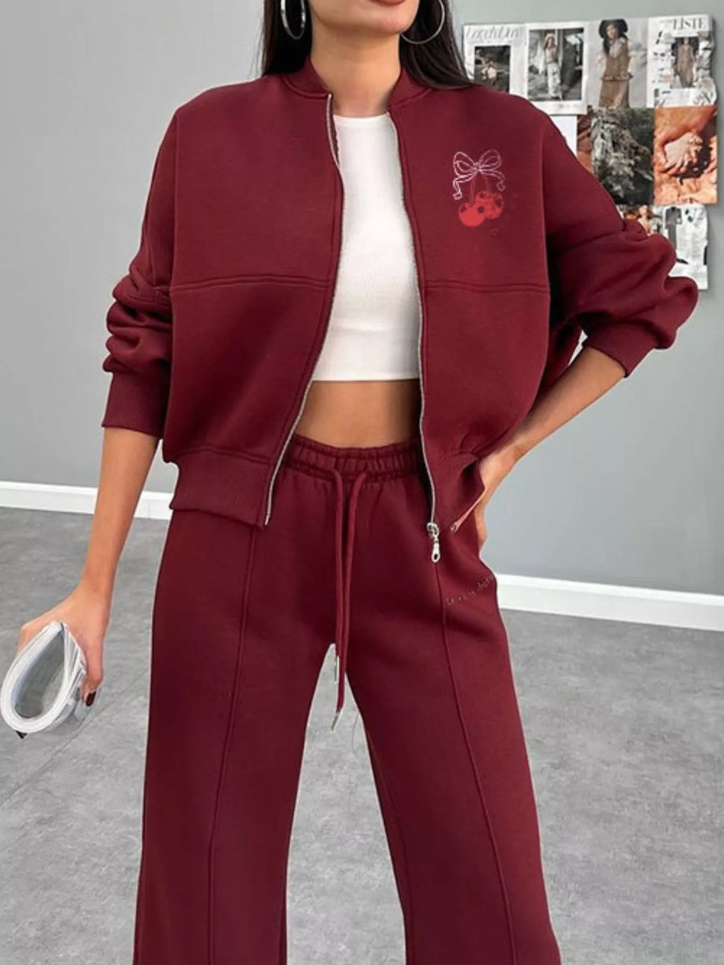 women's zip up dropped shoulder outerwear and pants set - extra view