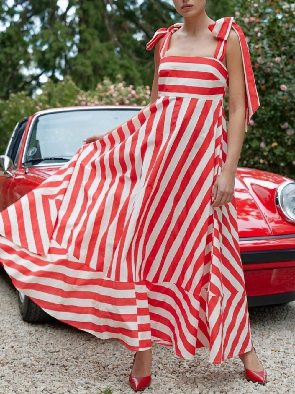 Striped Square Neck Wide Strap Dress Red