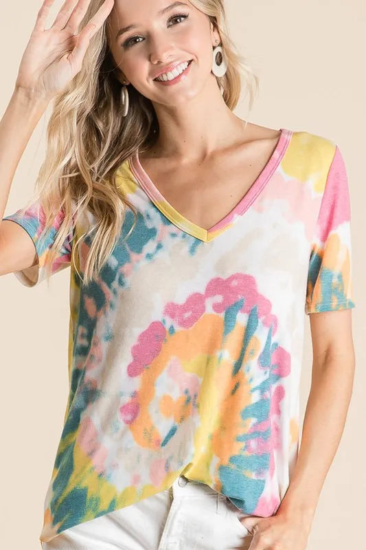 women's bibi circular tie dye print v neck top - additional angle