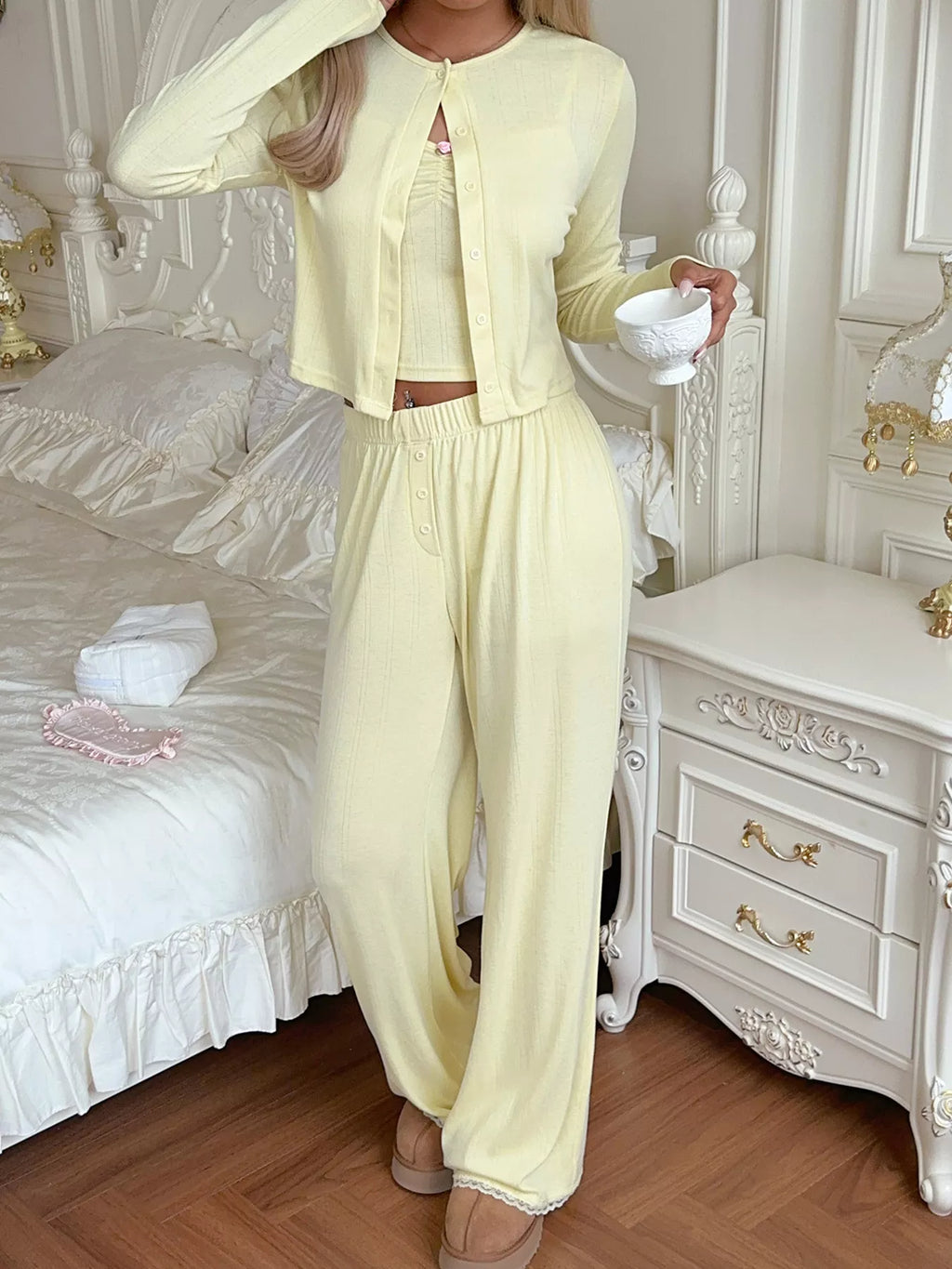 women's cami & long sleeve cardigan & wide leg pants set - lifestyle shot