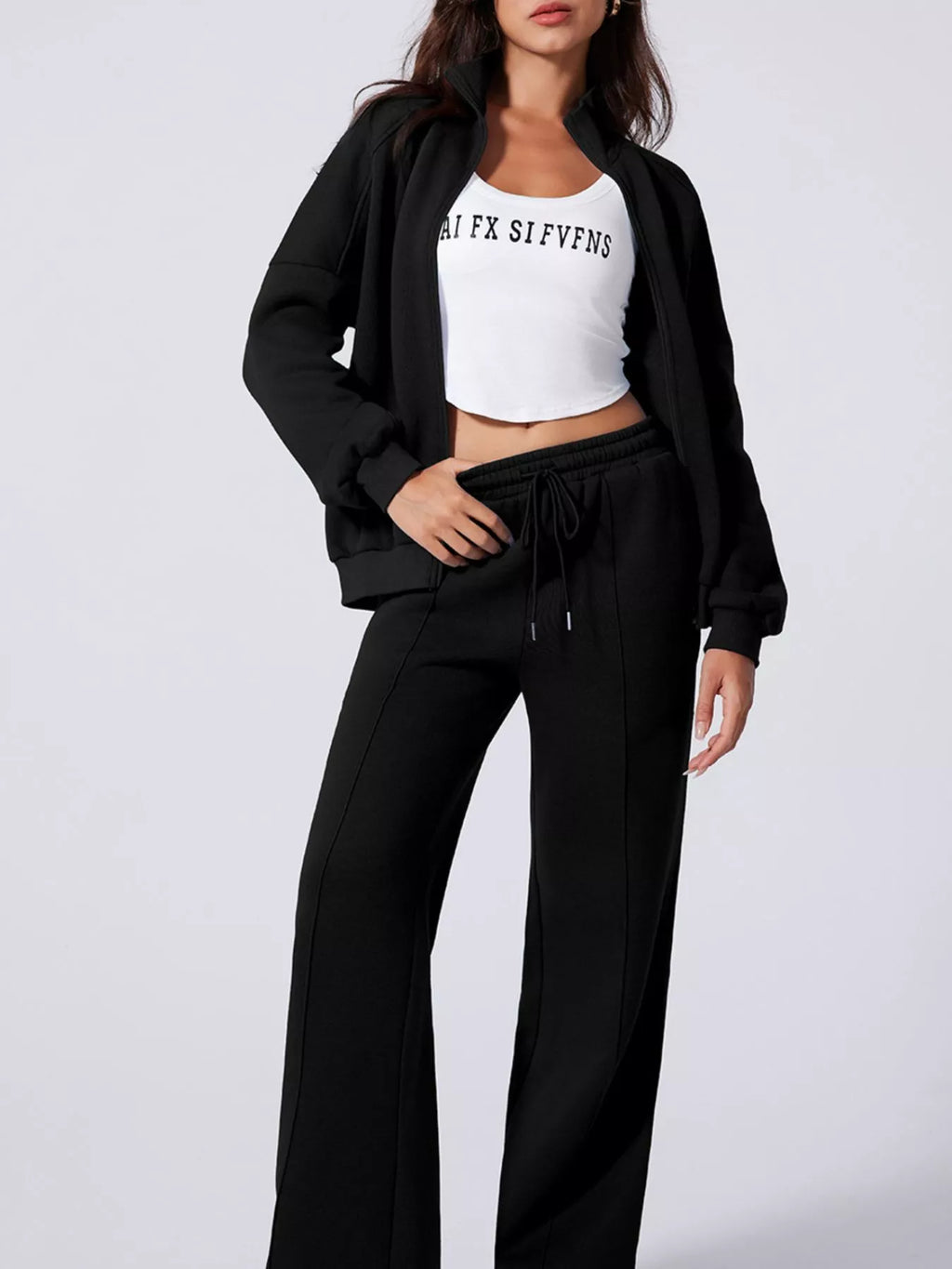 women's drop shoulder zip up jacket and drawstring pants active 2pcs set - additional image