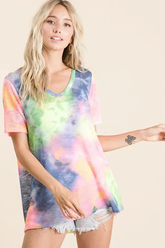 women's bibi tie dye print low gauge deep u neck top - product detail