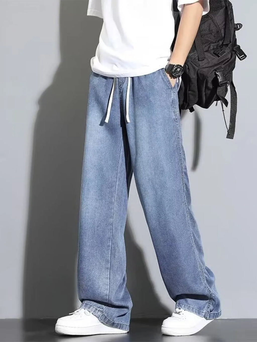 men's men's full size vintage wash wide leg jeans plus size - back view