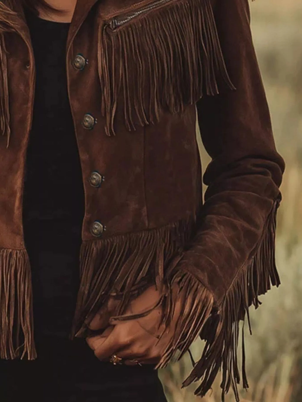 women's suede fringe button up jacket - additional angle