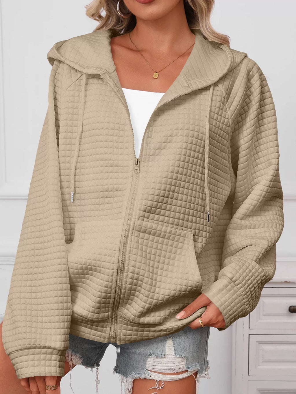 women's full size textured quilted zip-up hooded jacket plus size - product detail