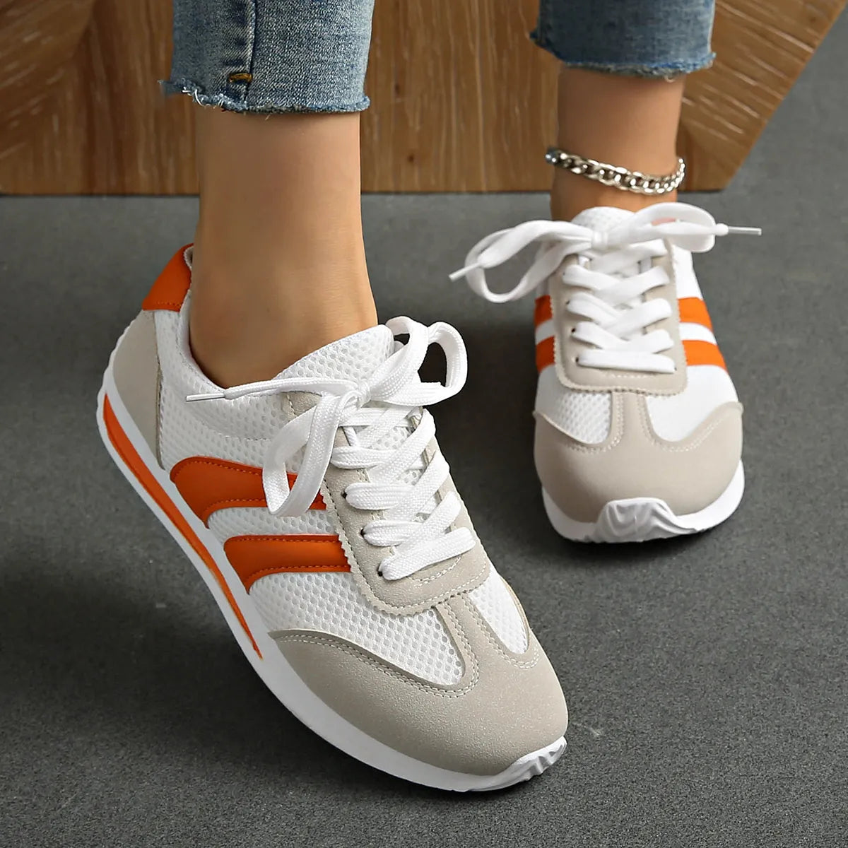 women's striped contrast mesh lace up sneakers - extra view