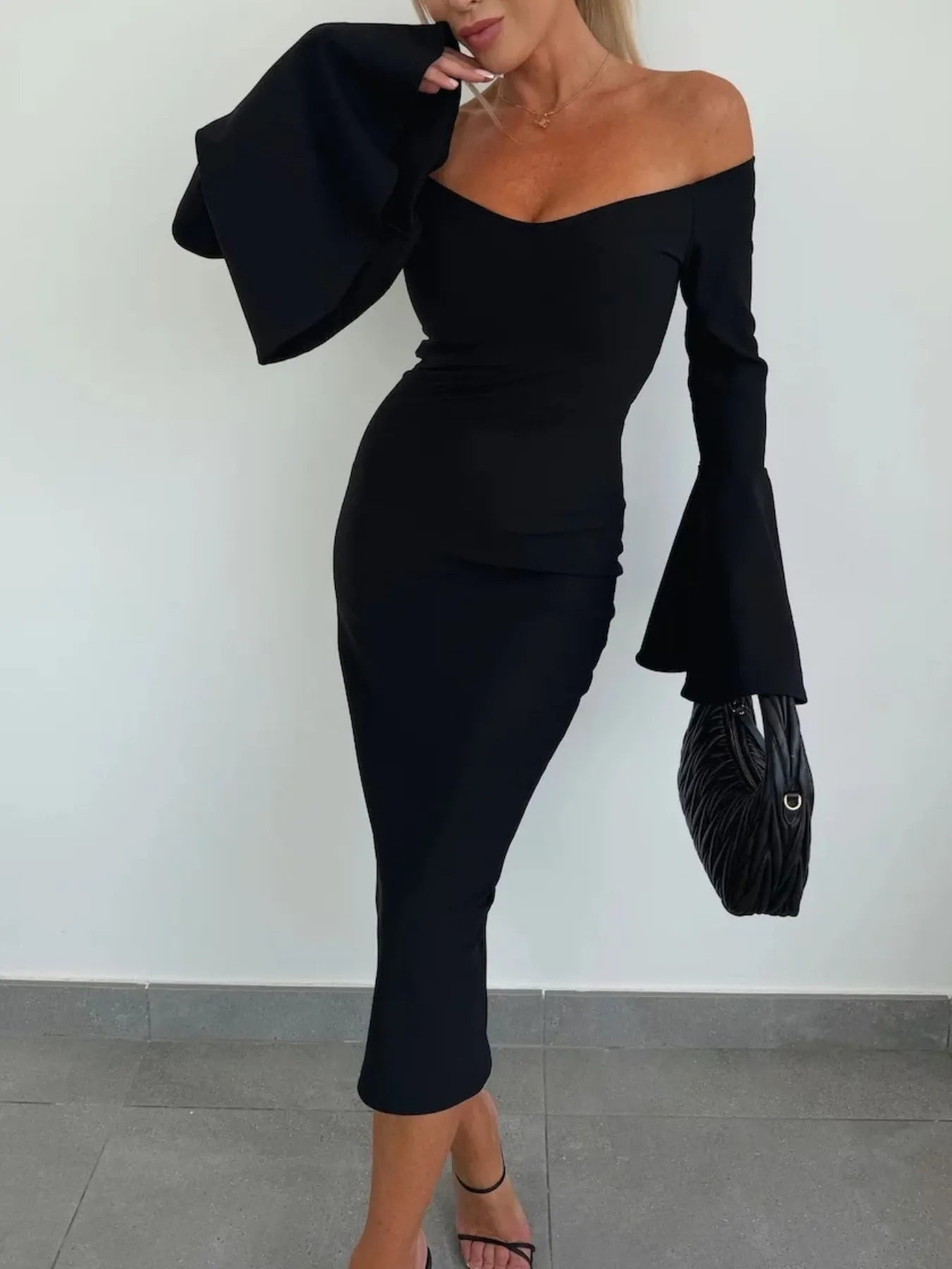 Off-Shoulder Bell Sleeve Bodycon Midi Dress – Donjane Black