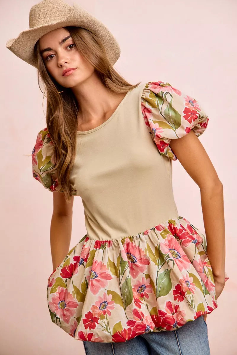 women's bibi floral printed bubble sleeves and hem peplum top - side view