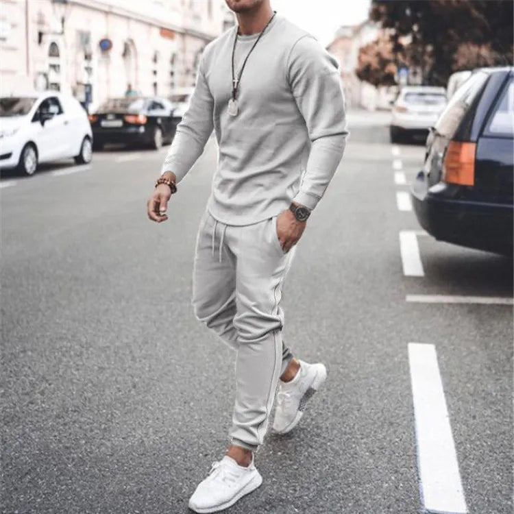 Men's Full Size Round Neck Long Sleeve Top and Pants Set Plus Size