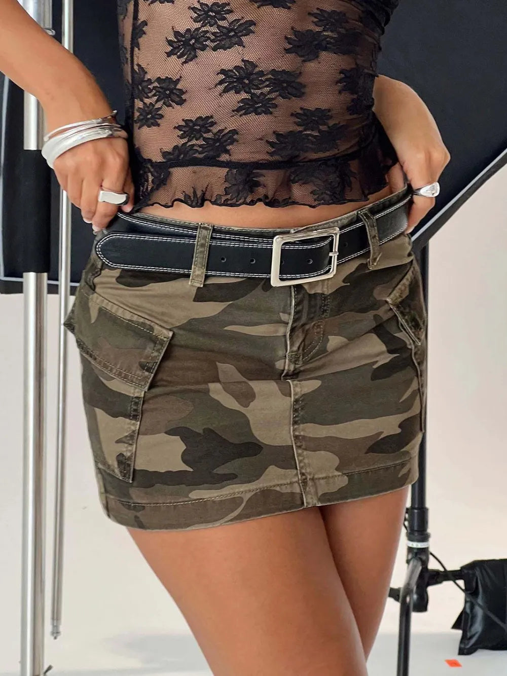 Mini Cargo Denim Skirt with Pockets Green Camouflage