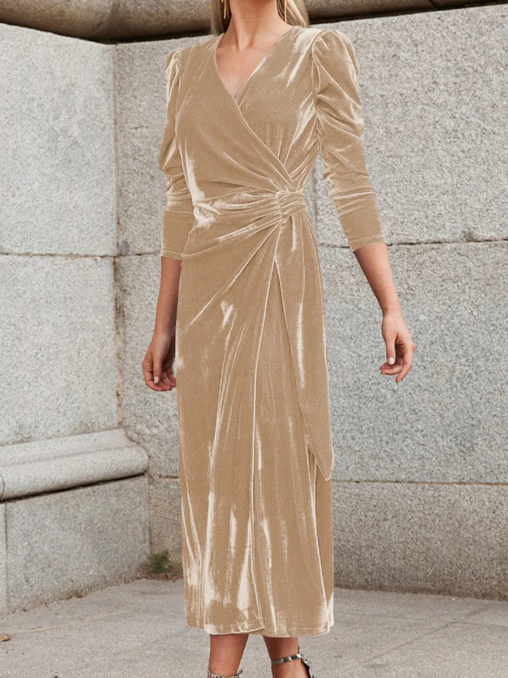 Surplice Puff Sleeve Midi Dress – Donjane