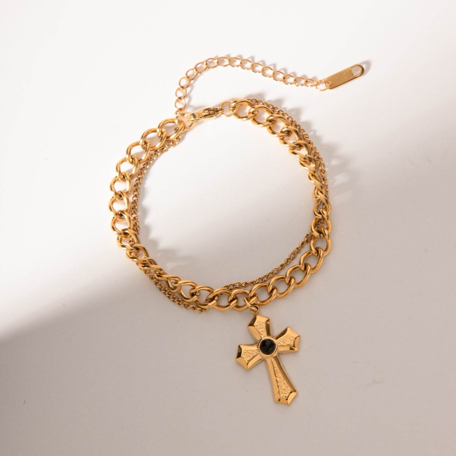 Stainless Steel Imitation Gemstone Cross Shape Pendant Bracelet Gold One Size