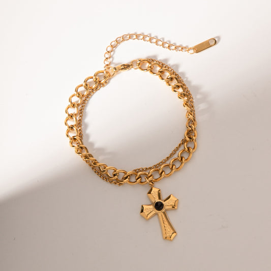 Stainless Steel Imitation Gemstone Cross Shape Pendant Bracelet Gold One Size