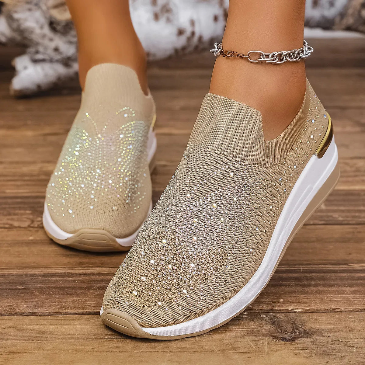 women's rhinestone wedge sneakers - close-up detail