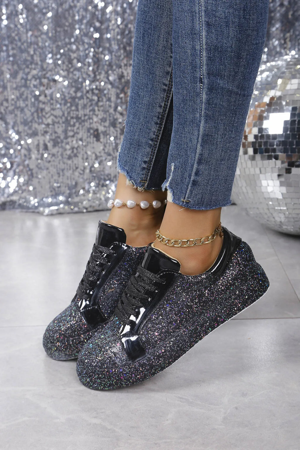 women's glitter sparkle lace up sneakers - second view