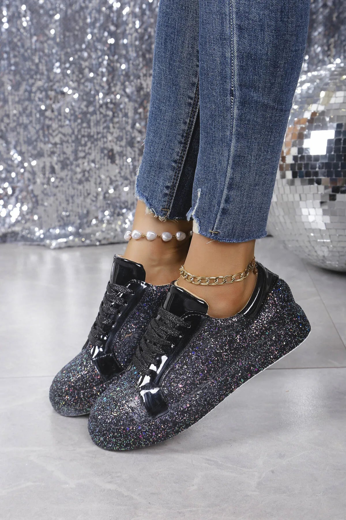 women's glitter sparkle lace up sneakers - second view