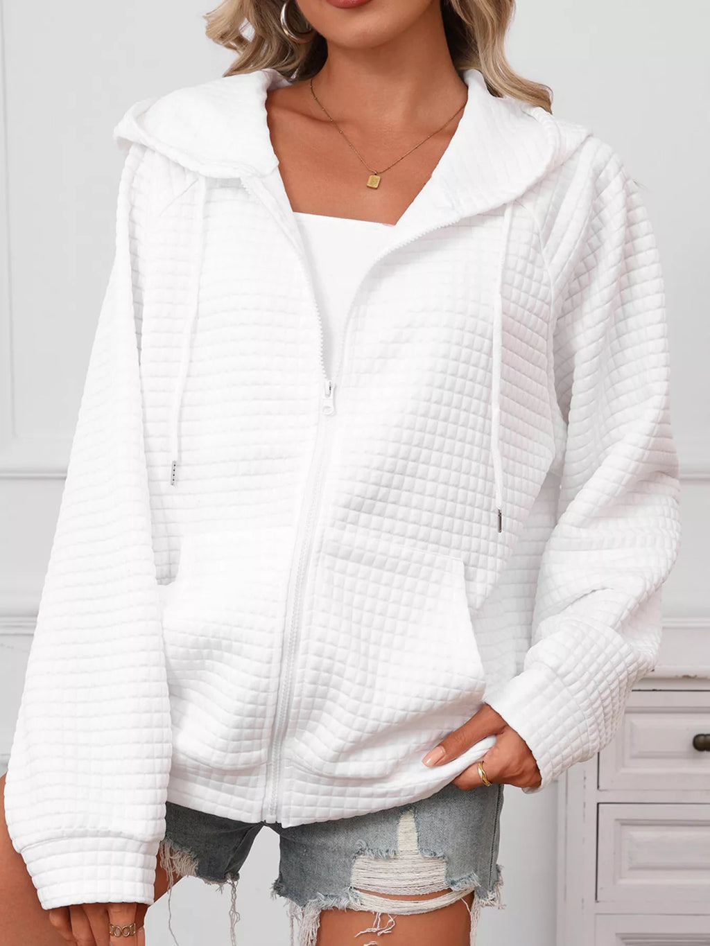 women's full size textured quilted zip-up hooded jacket plus size - extra view
