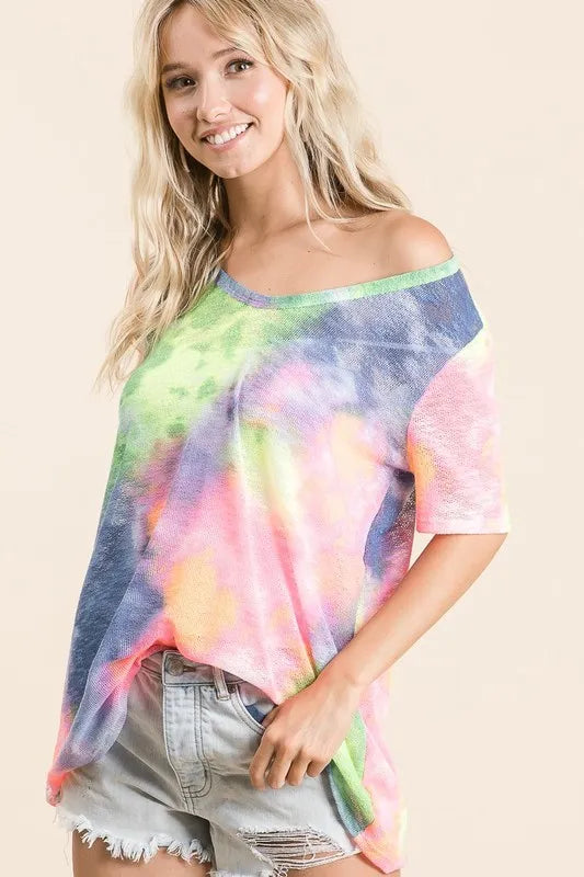 women's bibi tie dye print low gauge deep u neck top - styling option