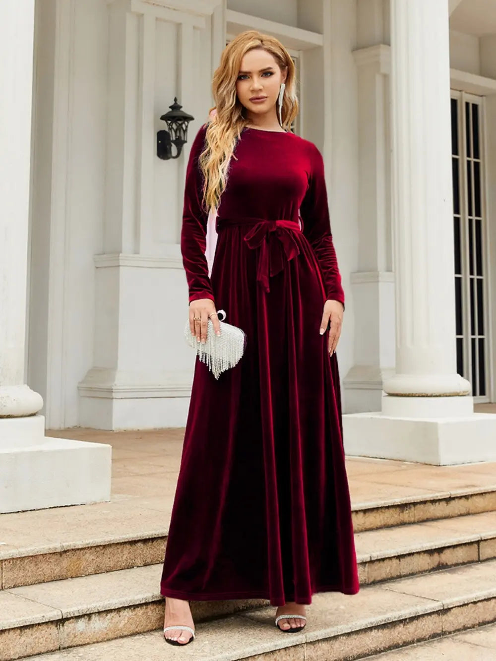 tie front round neck long sleeve maxi dress shown as women’s dress