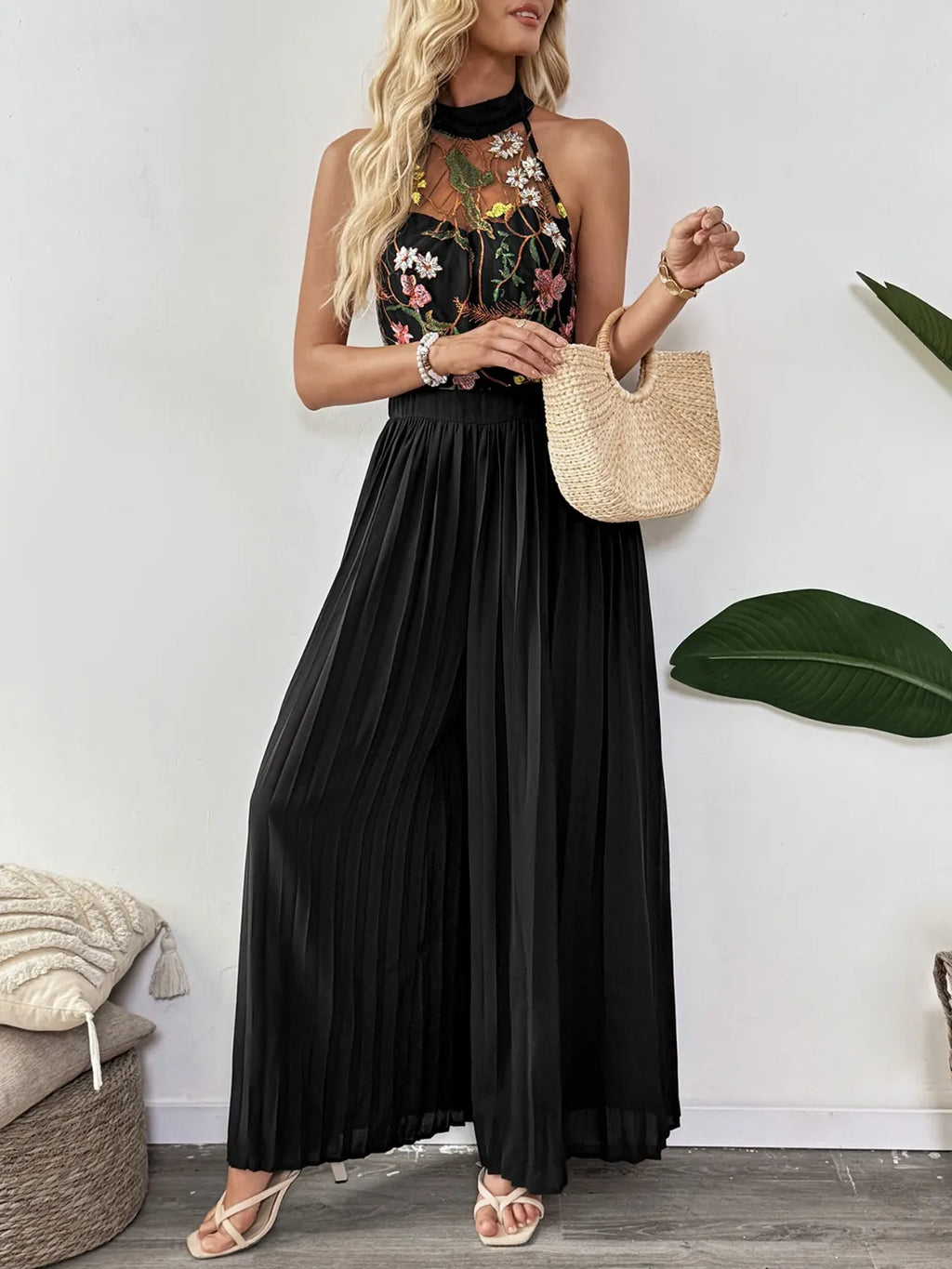 Floral Embroidered Halter Neck Pleated Jumpsuit Black