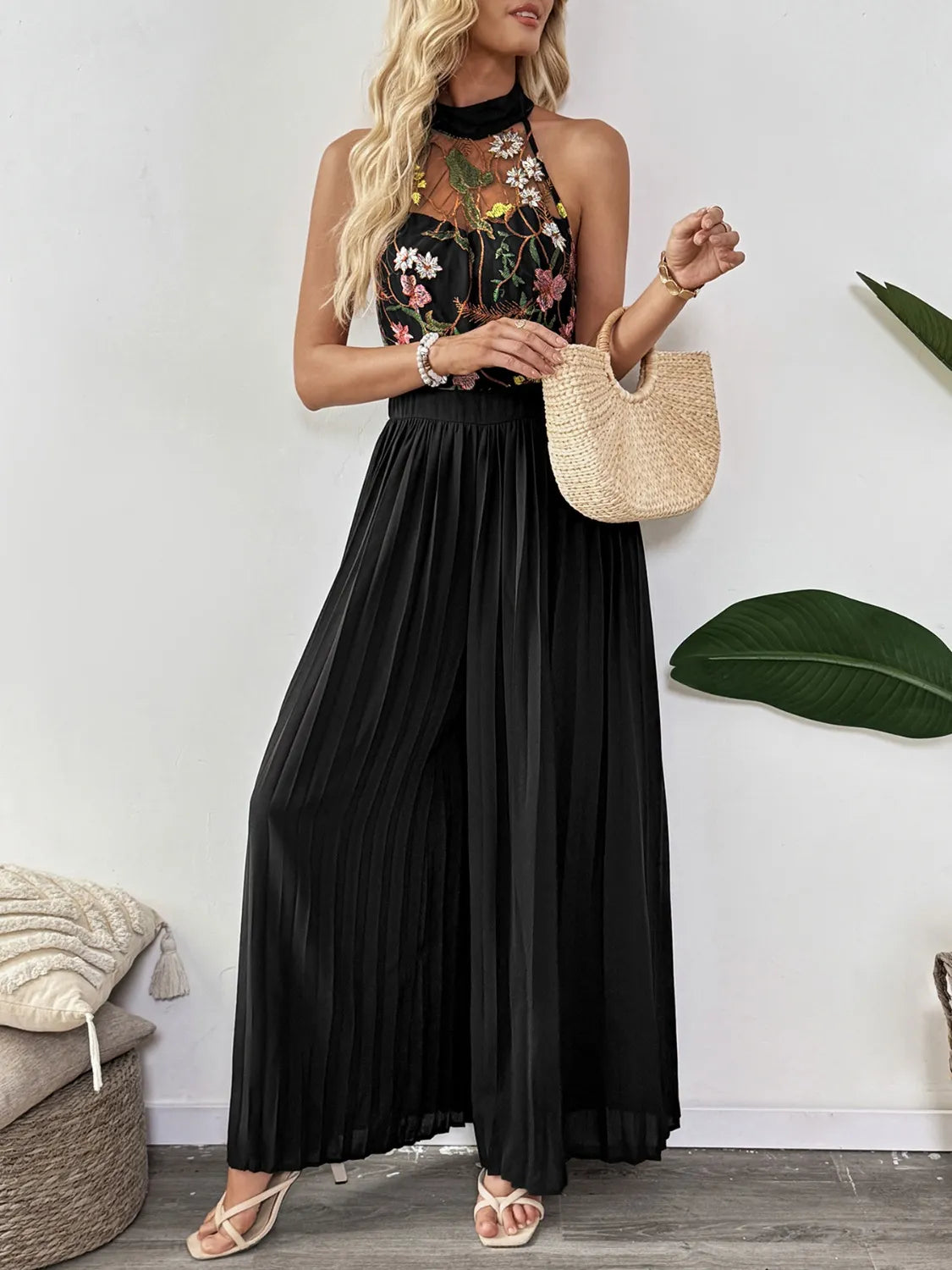 Floral Embroidered Halter Neck Pleated Jumpsuit Black