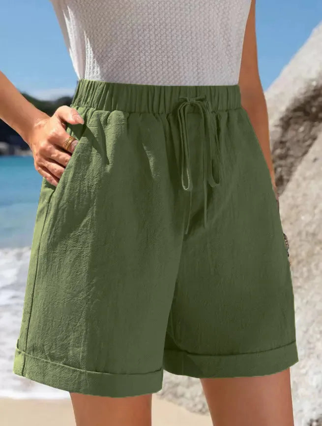 Full Size Drawstring Linen Blend Shorts Plus Size Army Green