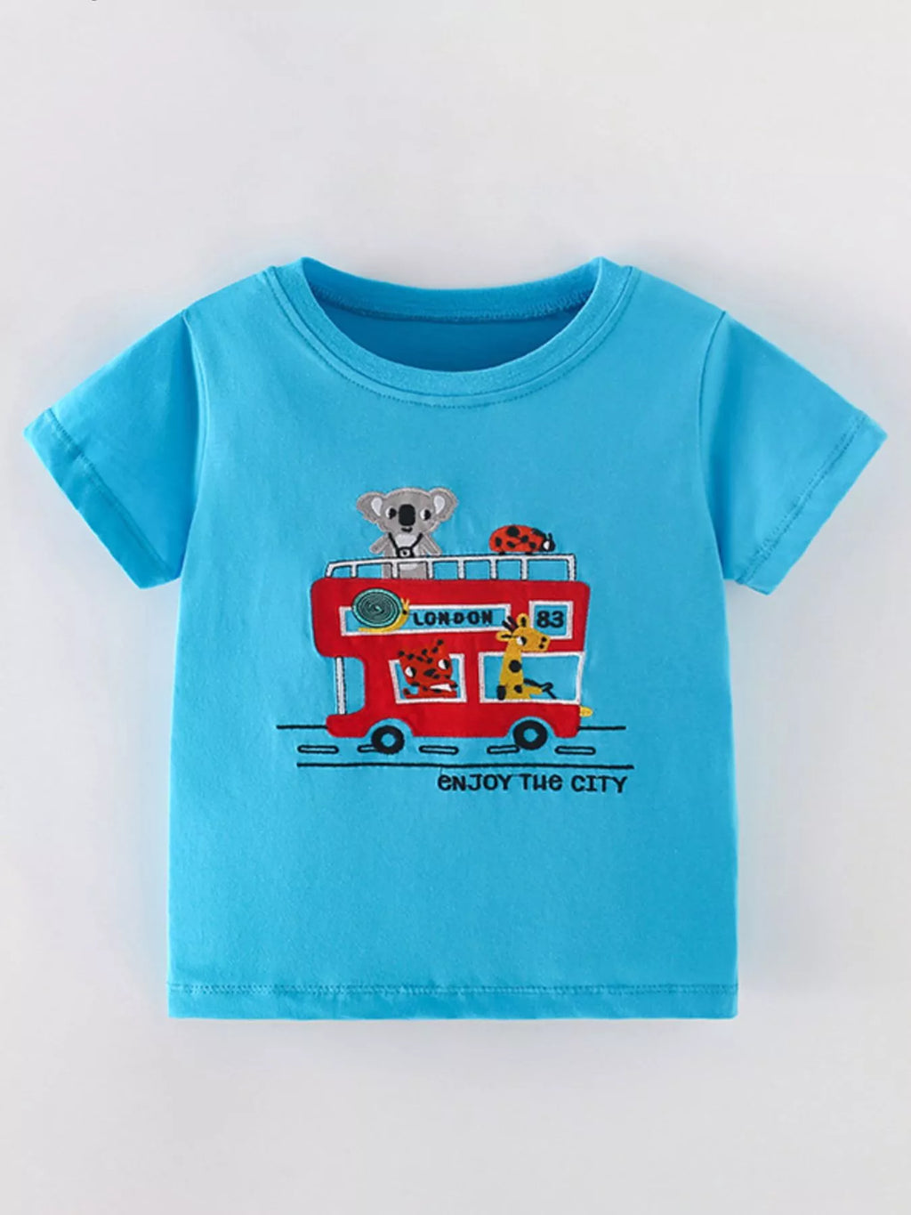 women's children's cartoon bus embroidery short sleeve t-shirt - product showcase