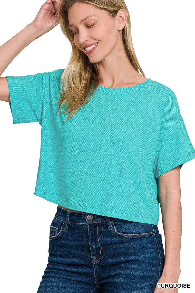 women's top: zenana ribbed round-neck crop t-shirt | donjane! shown as women’s outerwear