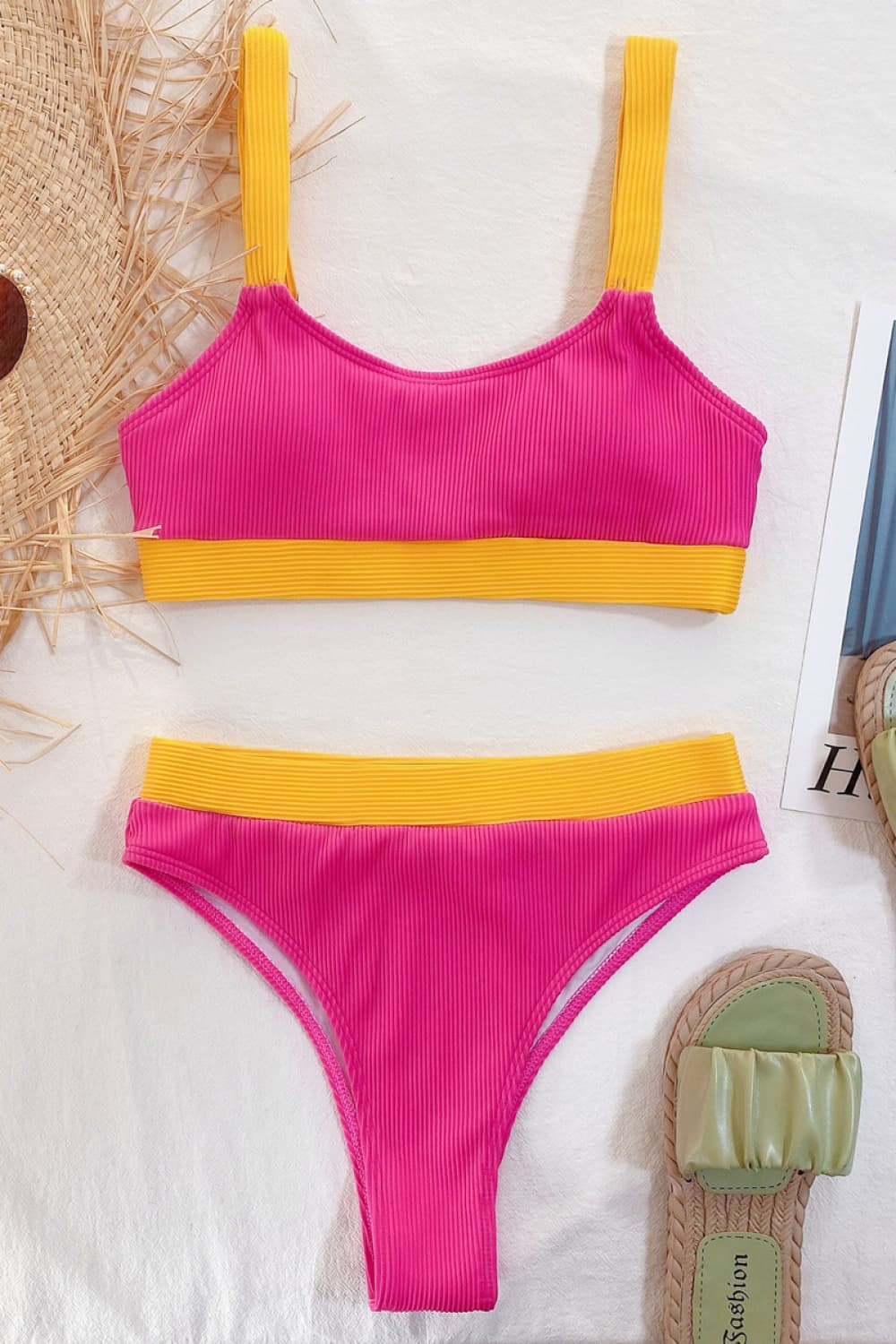 Color Block Scoop Neck Bikini Set Hot Pink