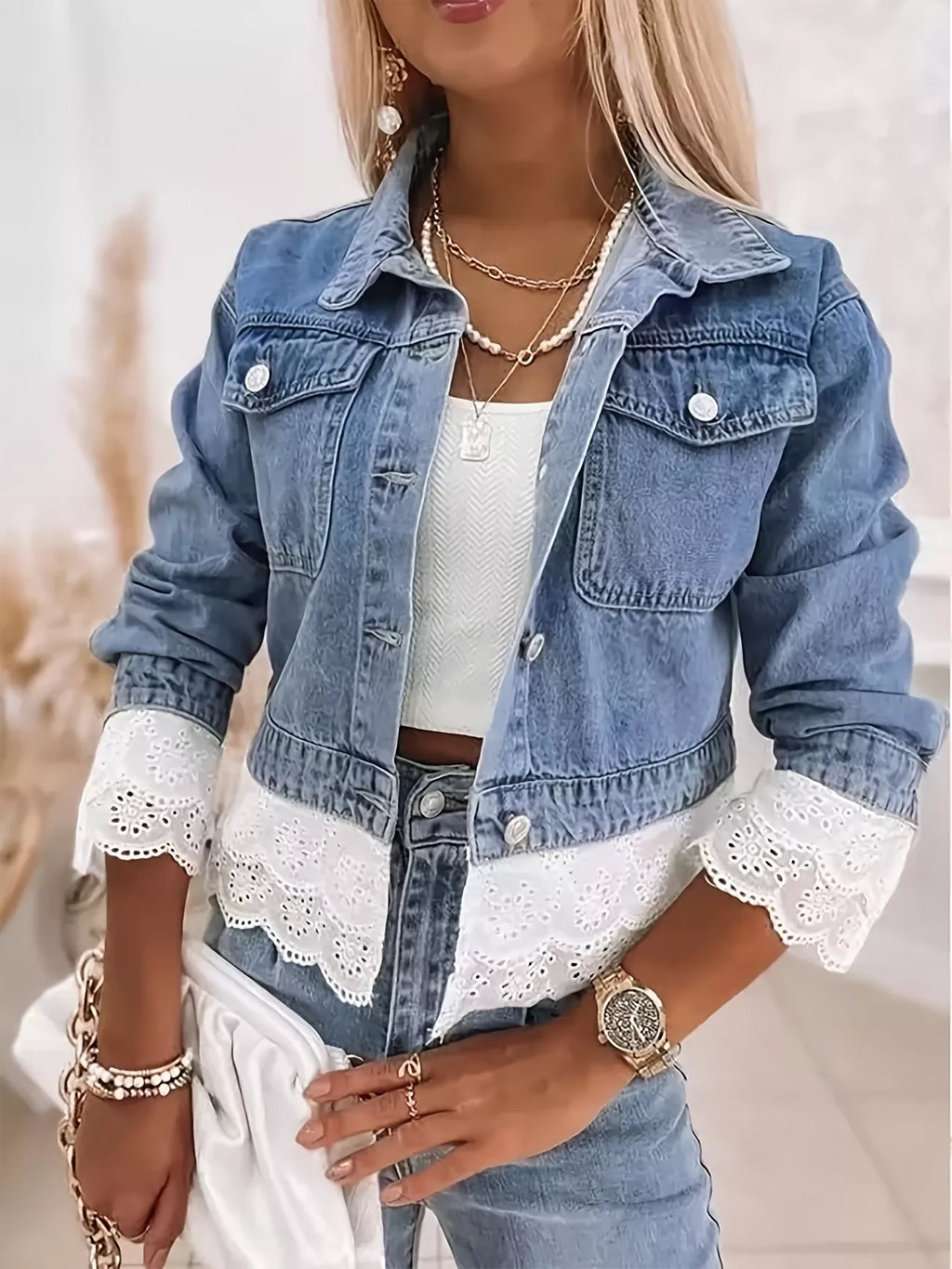 women's cropped denim jacket with lace trim - product showcase