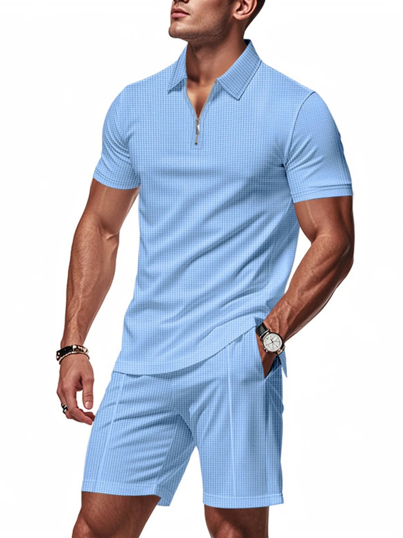 men's men's plus size quarter zip short sleeve top and shorts set - styling option
