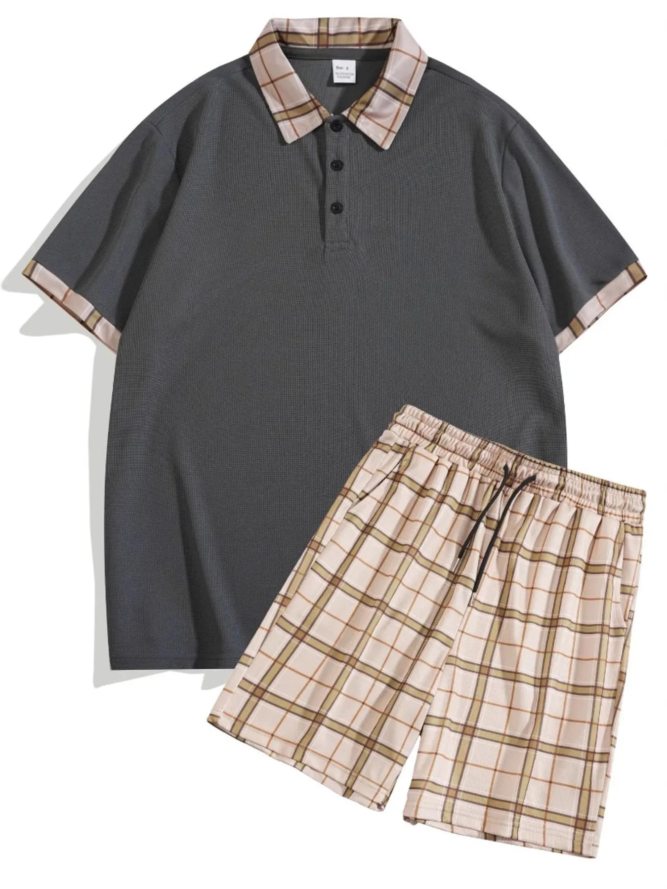 men's men's full size classic plaid collar polo and shorts set plus size - additional image