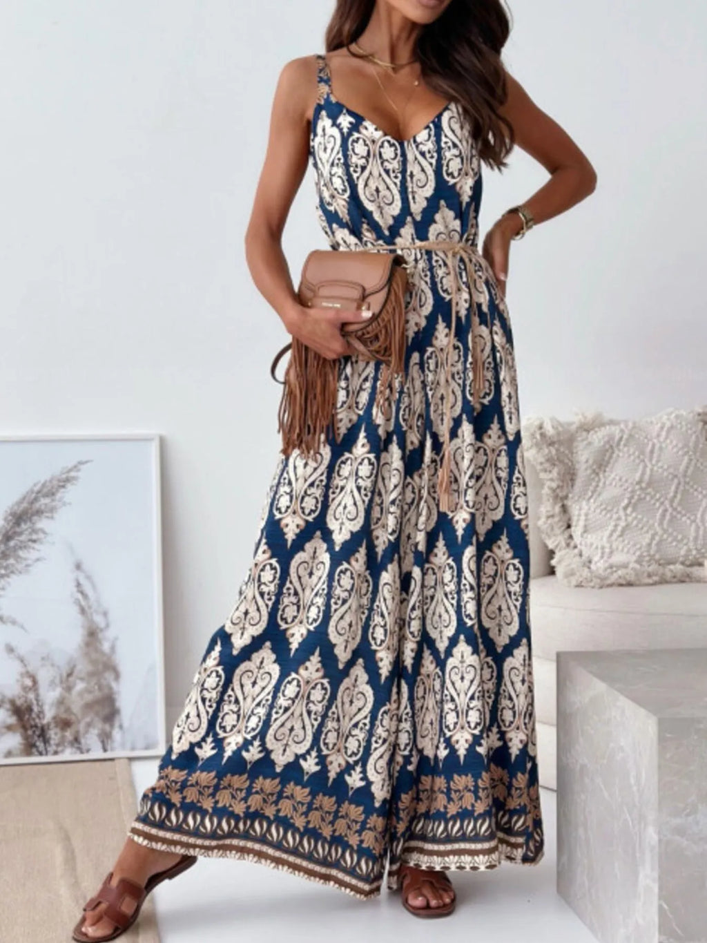 Paisley Print Spaghetti Strap Wide Leg Jumpsuit Milan Color