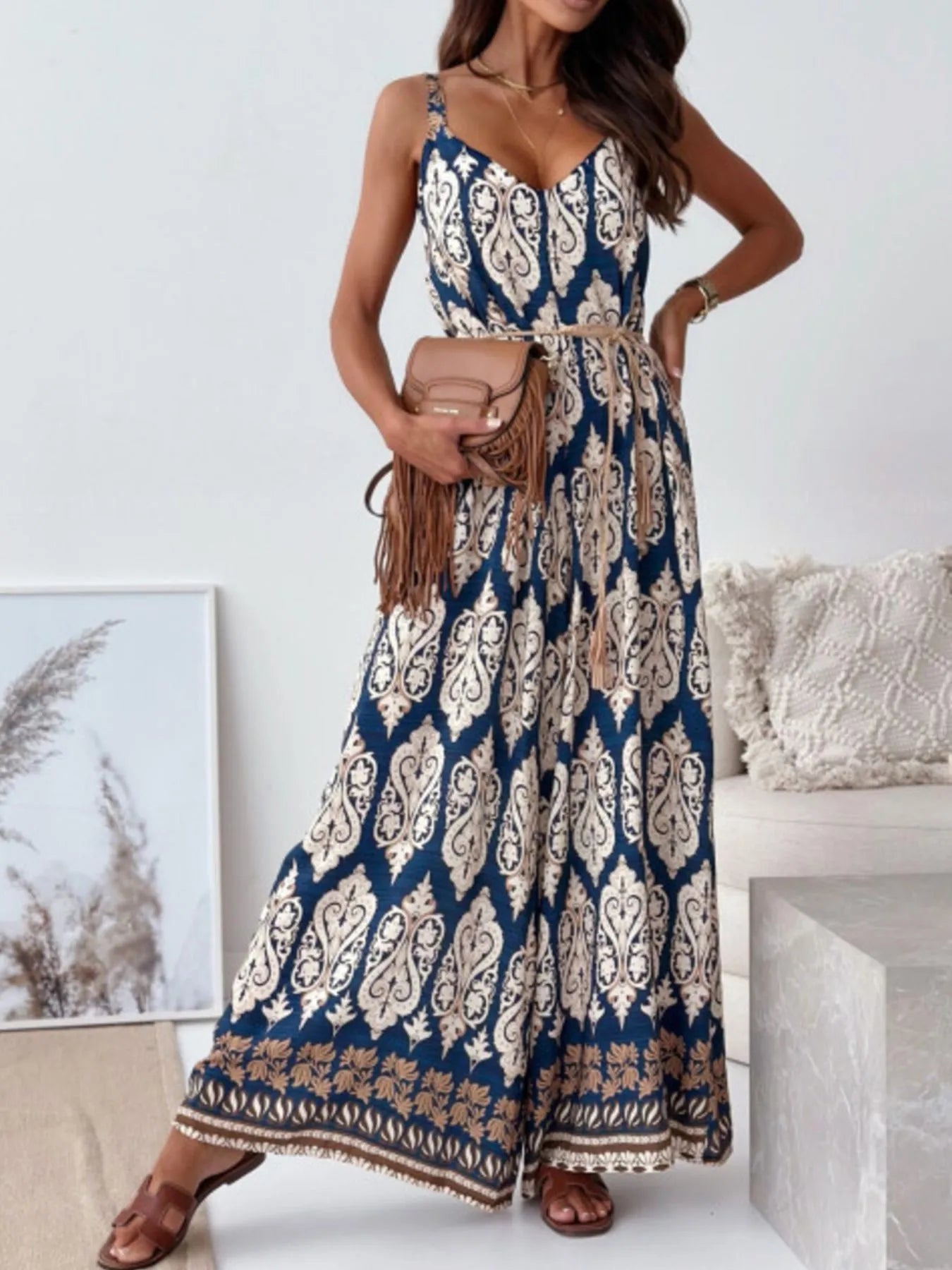 Paisley Print Spaghetti Strap Wide Leg Jumpsuit Milan Color