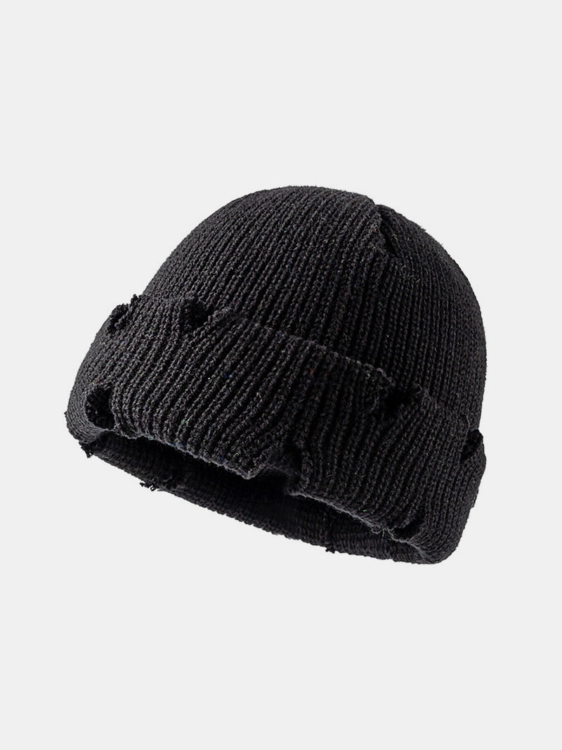 Distressed Cuffed Knit Hat Black One Size