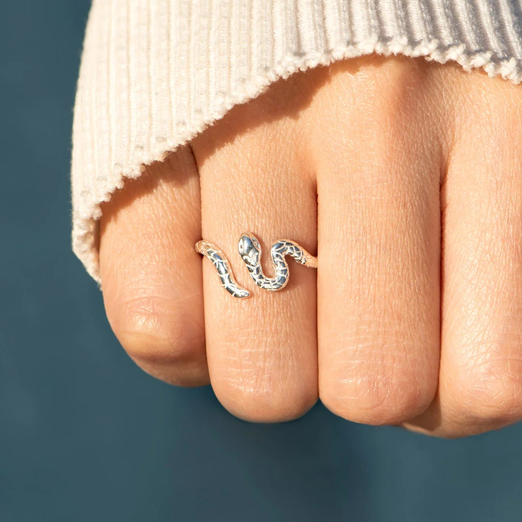 gold ring for wedding moissanite wedding band 925 Sterling Silver Snake Ring in Silver, size 7, shown in angled view highlighting gemstone detail