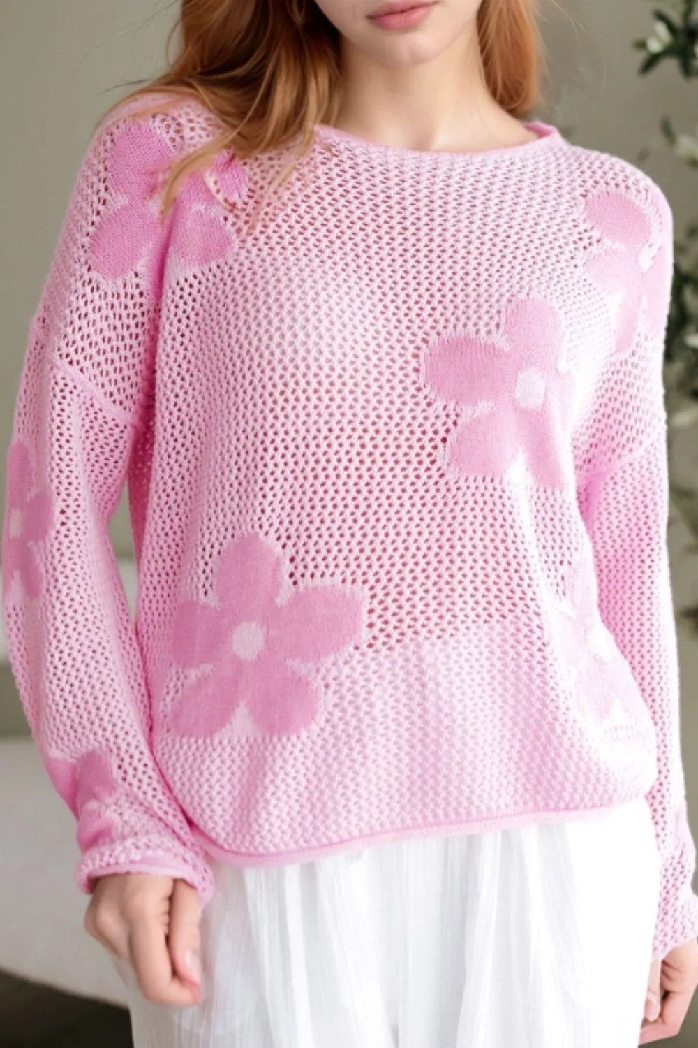 Openwork Round Neck Floral Knit Cover Up Blush Pink