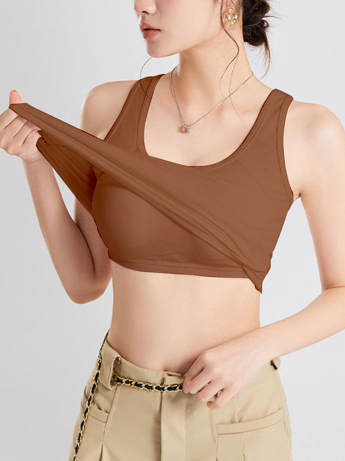 Crisscross Scoop Neck Wide Strap Cropped Tank with Chest Pads Caramel