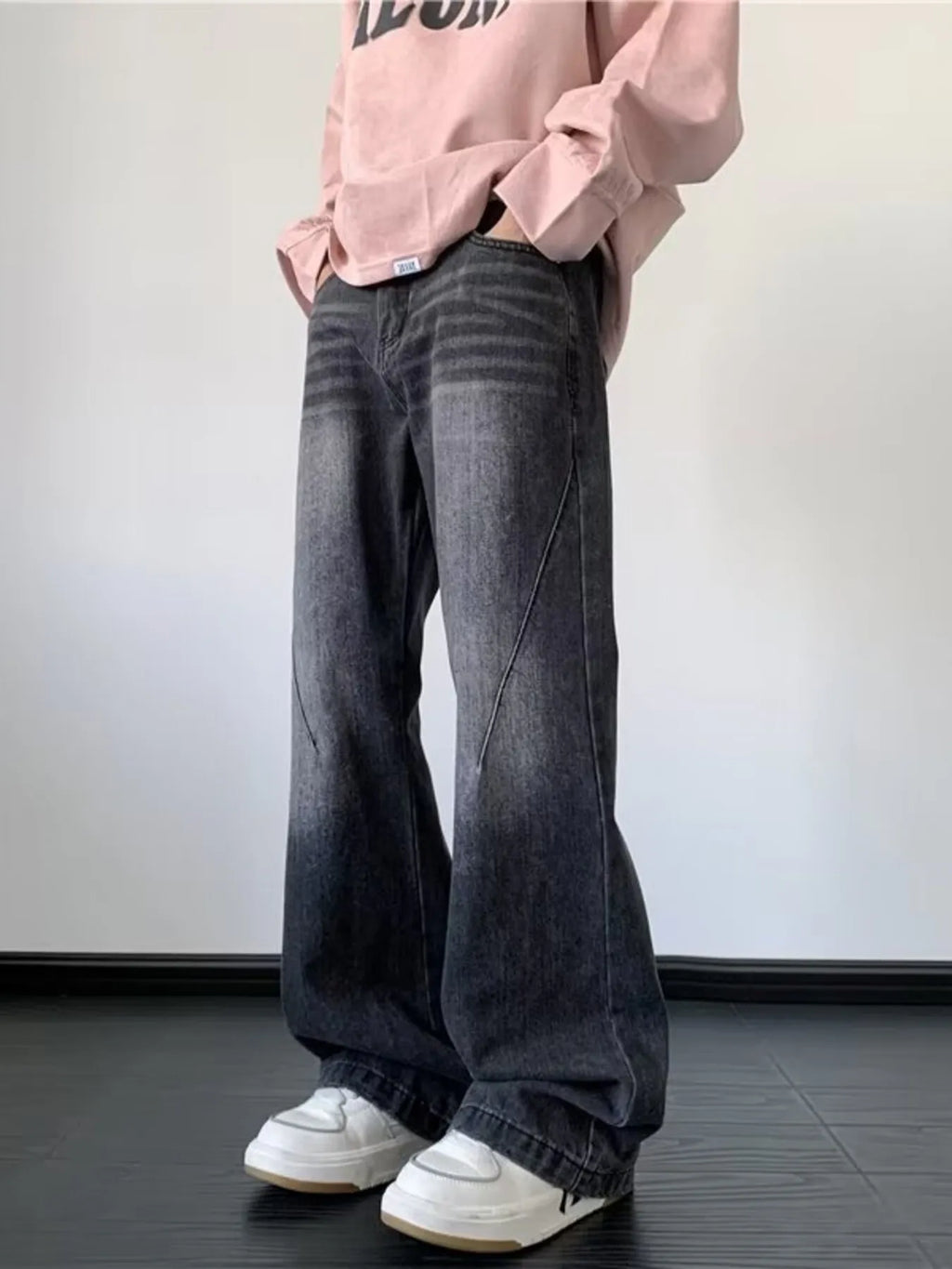 men's men's full size vintage wash wide leg jeans plus size - additional angle