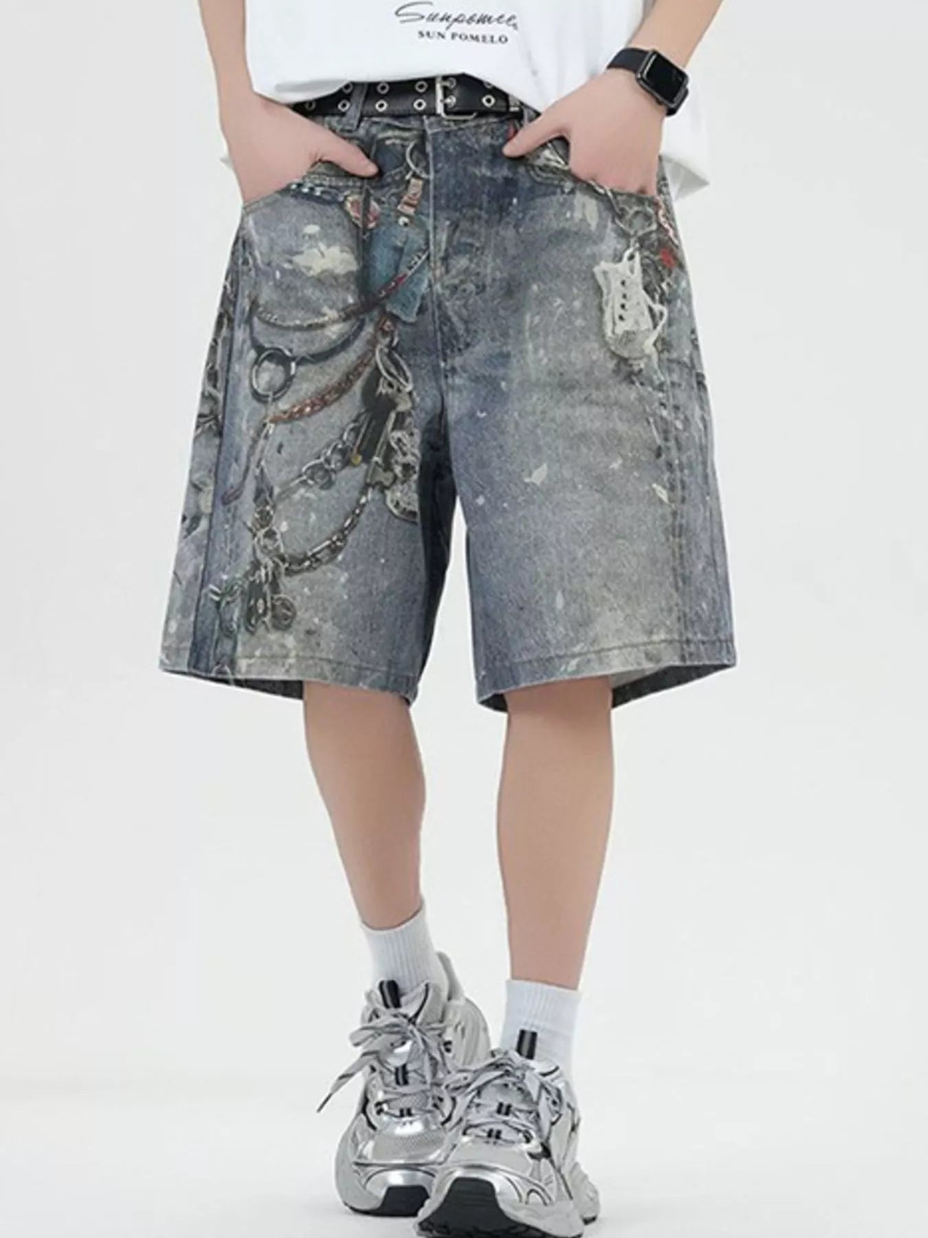 men's men's full size vintage chain print denim shorts plus size - product showcase